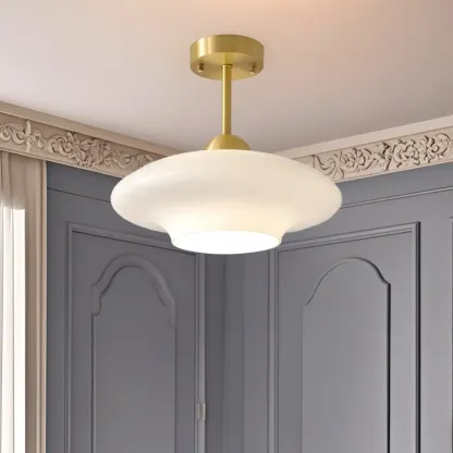 White Round Glass Shade Gold Semi Flush Ceiling Light Image - 1