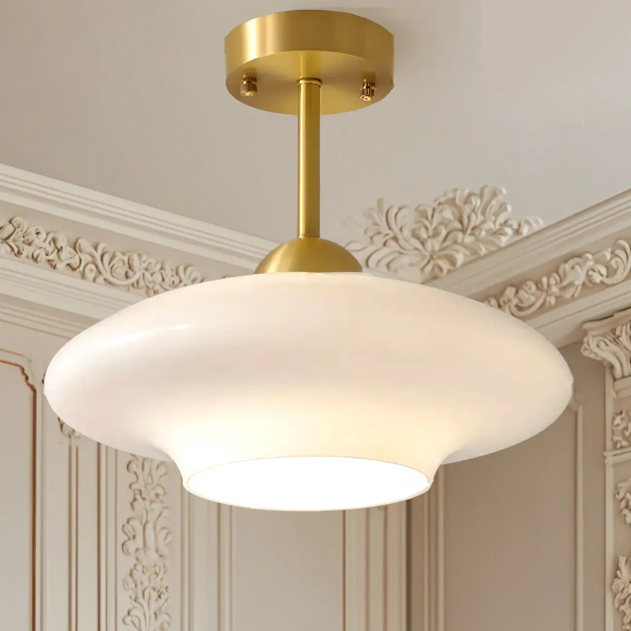 White Round Glass Shade Gold Semi Flush Ceiling Light Image - 3 | homeyfad