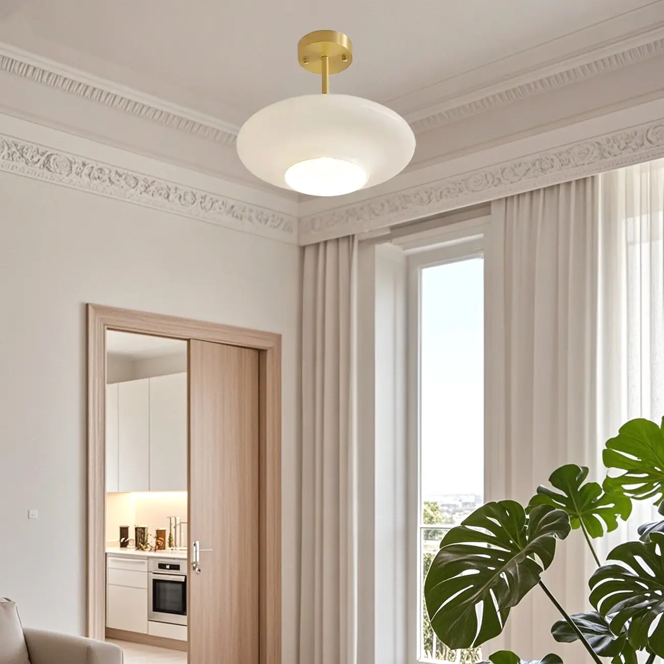 White Round Glass Shade Gold Semi Flush Ceiling Light Image - 4 | homeyfad