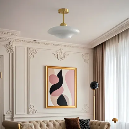 White Round Glass Shade Gold Semi Flush Ceiling Light Image - 5