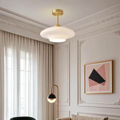 White Round Glass Shade Gold Semi Flush Ceiling Light Image - 6