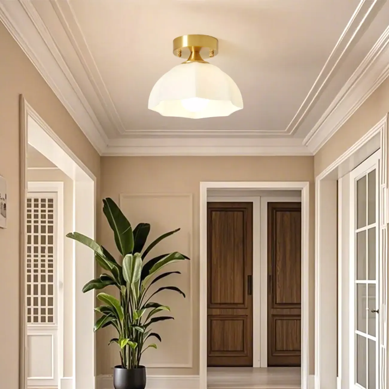 White Floral Glass Shade Gold Semi Flush Ceiling Light Image - 1 | homeyfad