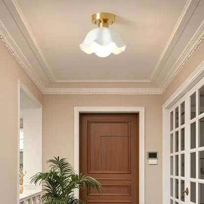 White Floral Glass Shade Gold Semi Flush Ceiling Light Image - 2