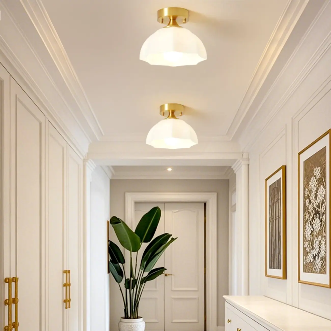 White Floral Glass Shade Gold Semi Flush Ceiling Light Image - 3 | homeyfad