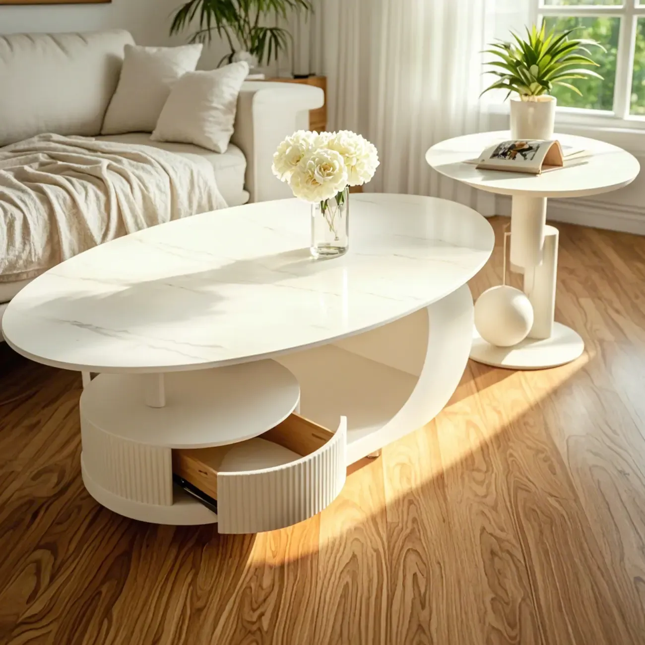 Modern White Stone Top Coffee Table with Scratch Resistant Image - 4