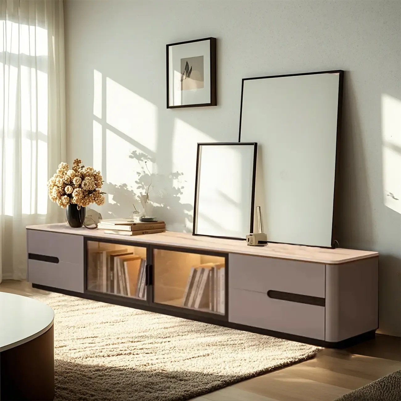 Classic Marble TV Stand with Glass Doors for Living Room Image - 3