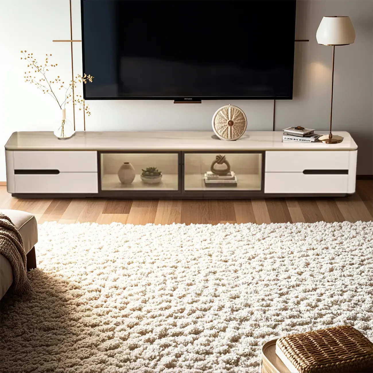 Classic Marble TV Stand with Glass Doors for Living Room Image - 4