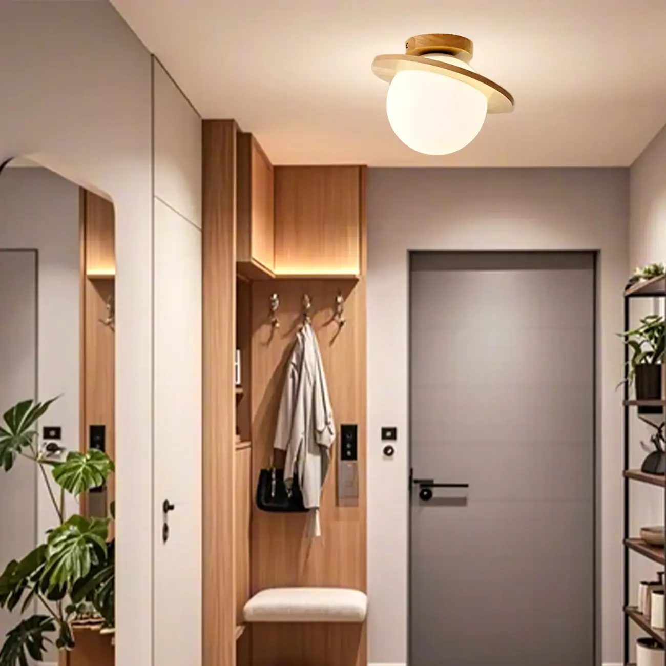 Circular Glass Ball Natural Wood Semi Flush Ceiling Light Image - 1 | homeyfad