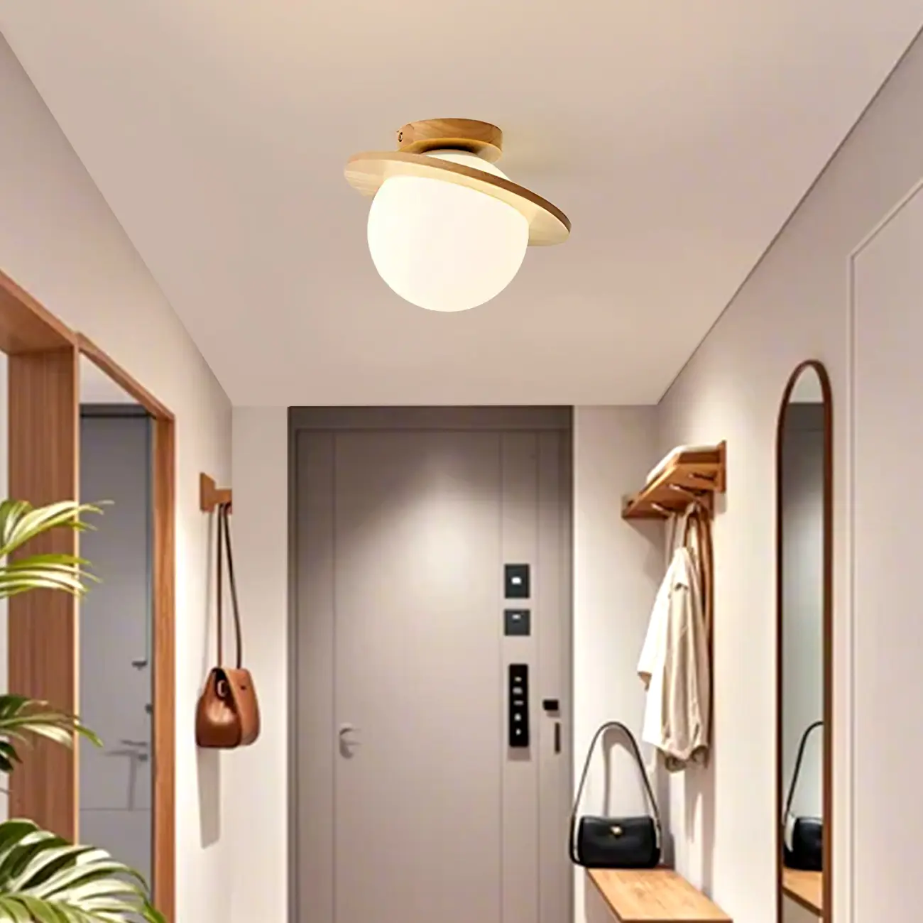 Circular Glass Ball Natural Wood Semi Flush Ceiling Light Image - 2 | homeyfad