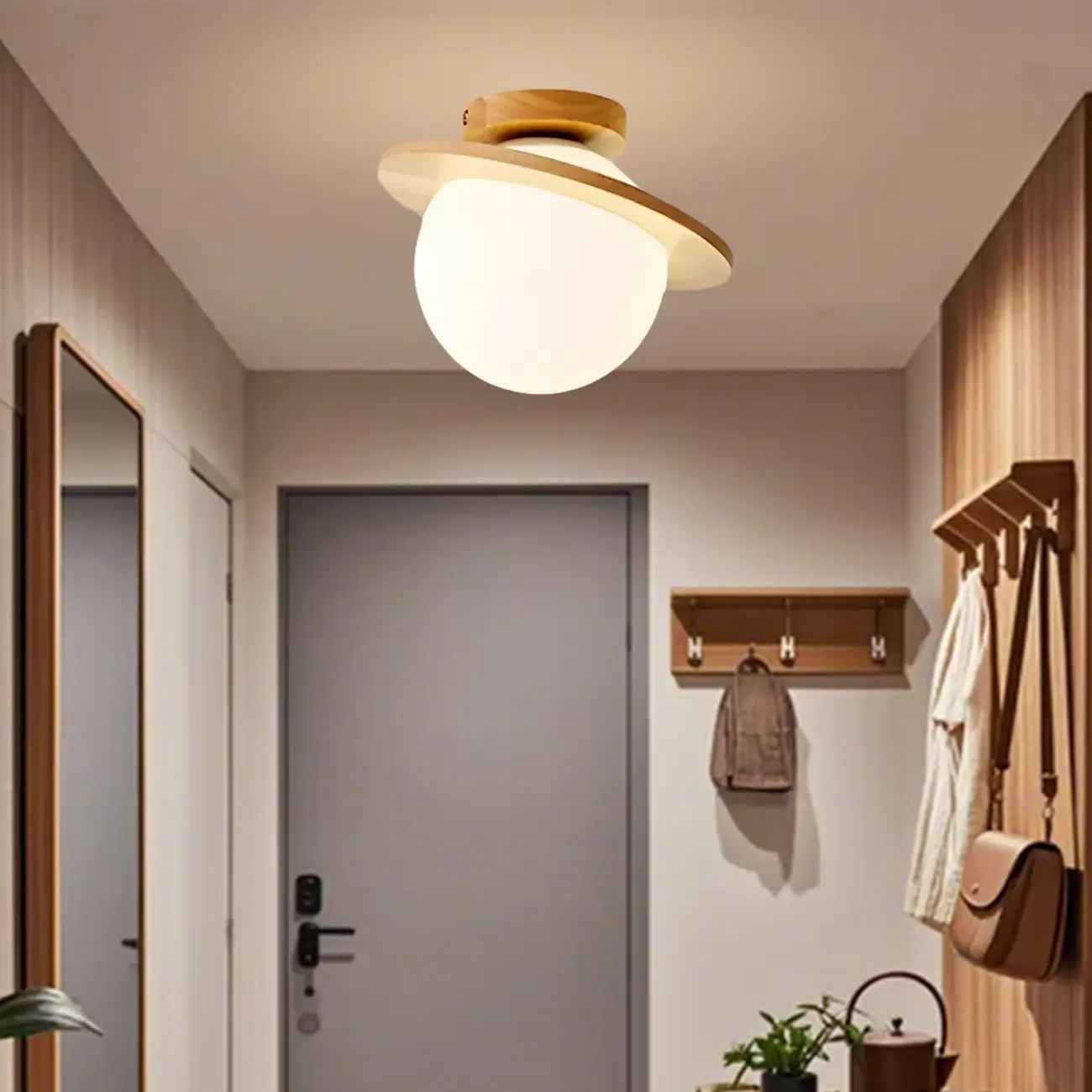 Circular Glass Ball Natural Wood Semi Flush Ceiling Light Image - 3 | homeyfad