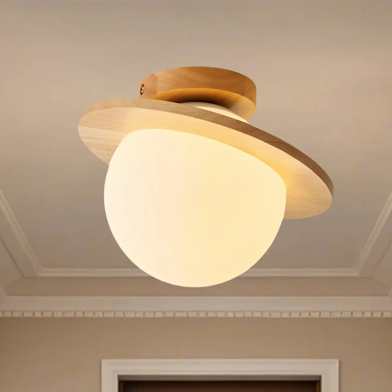 Circular Glass Ball Natural Wood Semi Flush Ceiling Light Image - 4 | homeyfad
