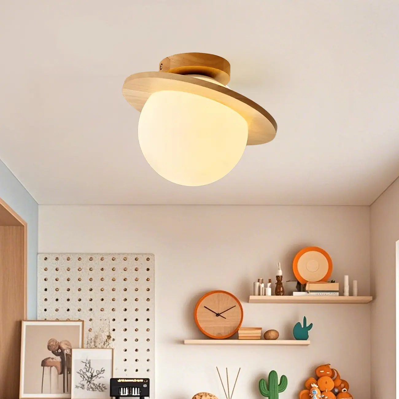 Circular Glass Ball Natural Wood Semi Flush Ceiling Light Image - 10 | homeyfad