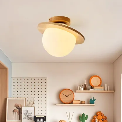Circular Glass Ball Natural Wood Semi Flush Ceiling Light Image - 10