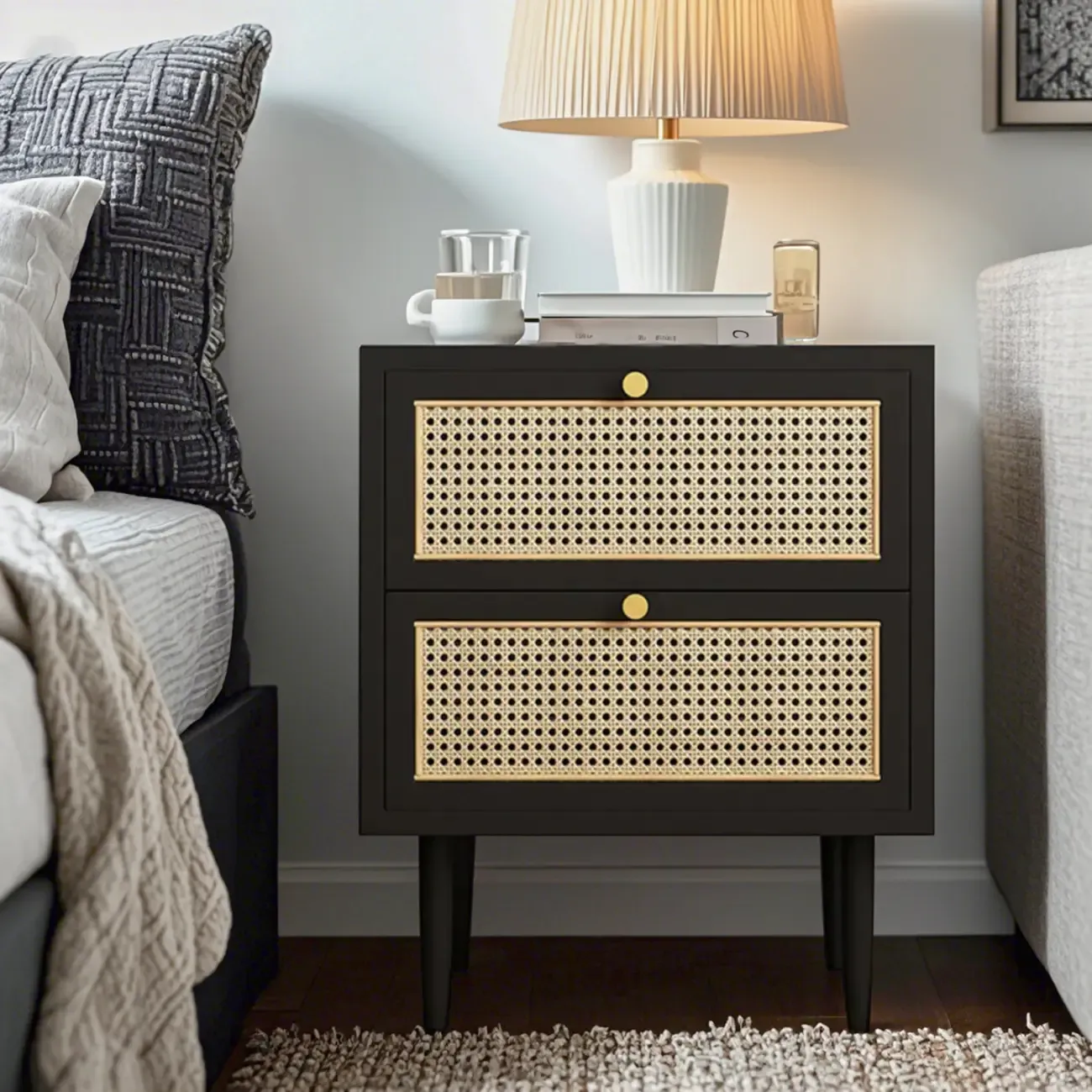 Classic Black Wooden Bedside Table with Wicker Storage Drawers Image - 1