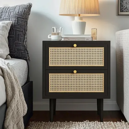 Classic Black Wooden Bedside Table with Wicker Storage Drawers Image - 1