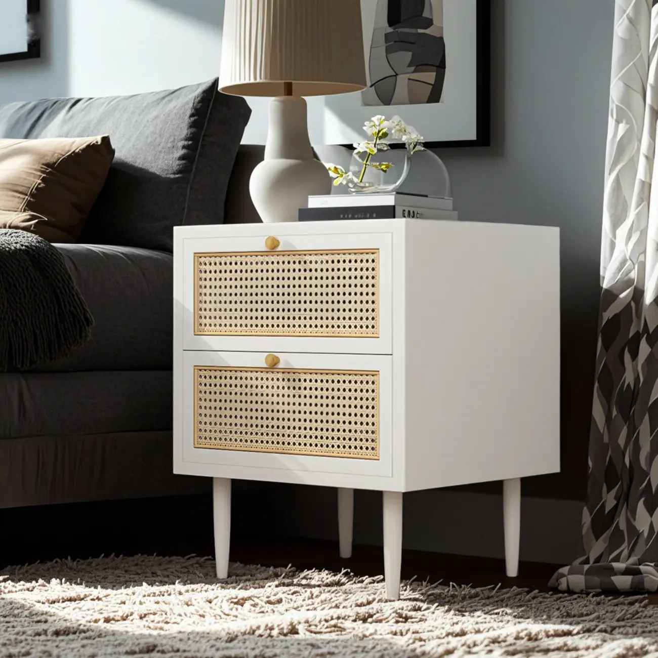 Classic Black Wooden Bedside Table with Wicker Storage Drawers Image - 3 | homeyfad