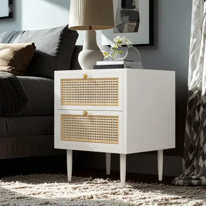 Classic Black Wooden Bedside Table with Wicker Storage Drawers Image - 3