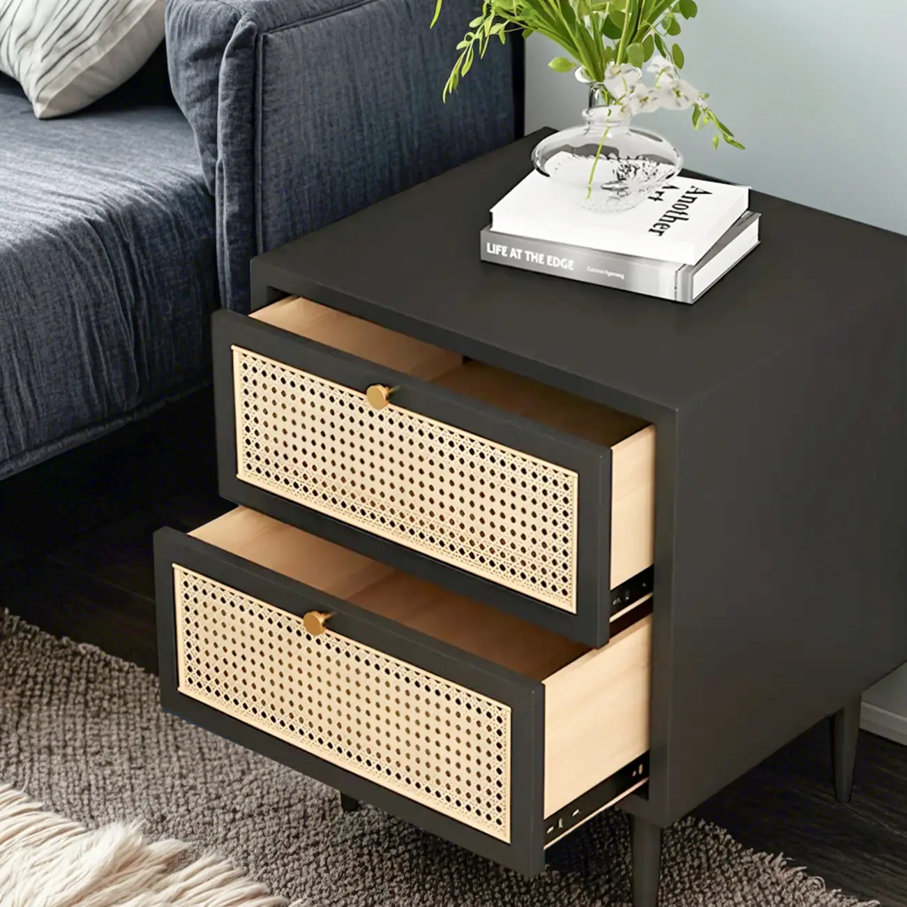 Classic Black Wooden Bedside Table with Wicker Storage Drawers Image - 2 | homeyfad