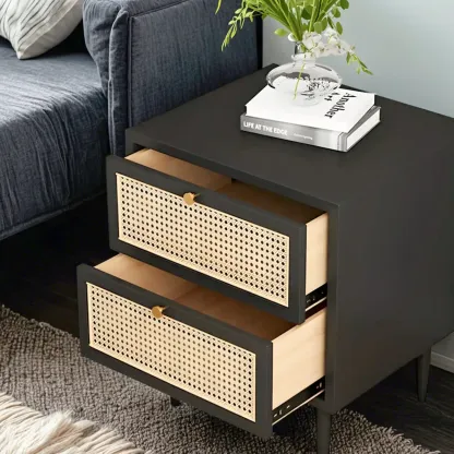 Classic Black Wooden Bedside Table with Wicker Storage Drawers Image - 2
