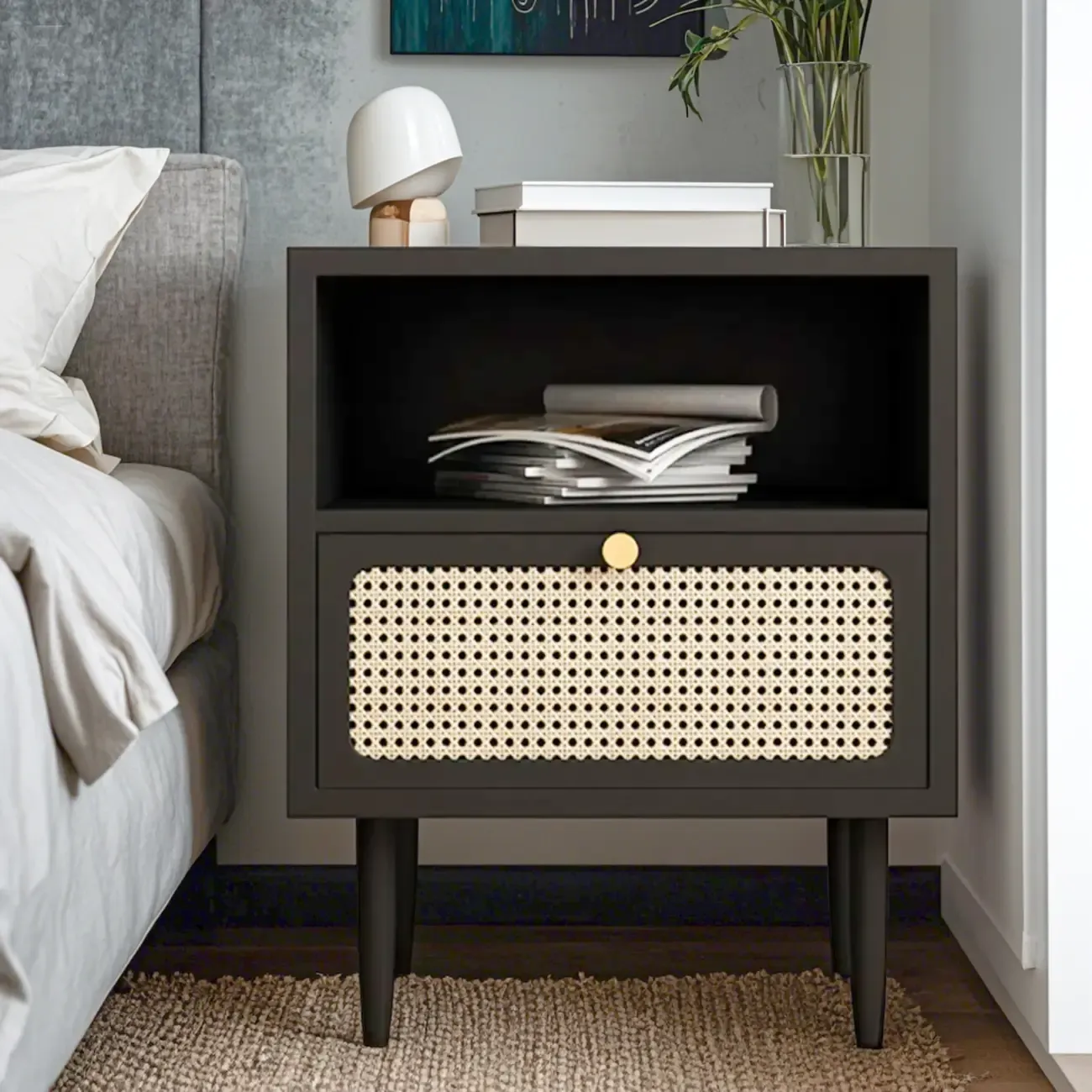 Classic Black Wooden Bedside Table with Wicker Storage Drawers Image - 4