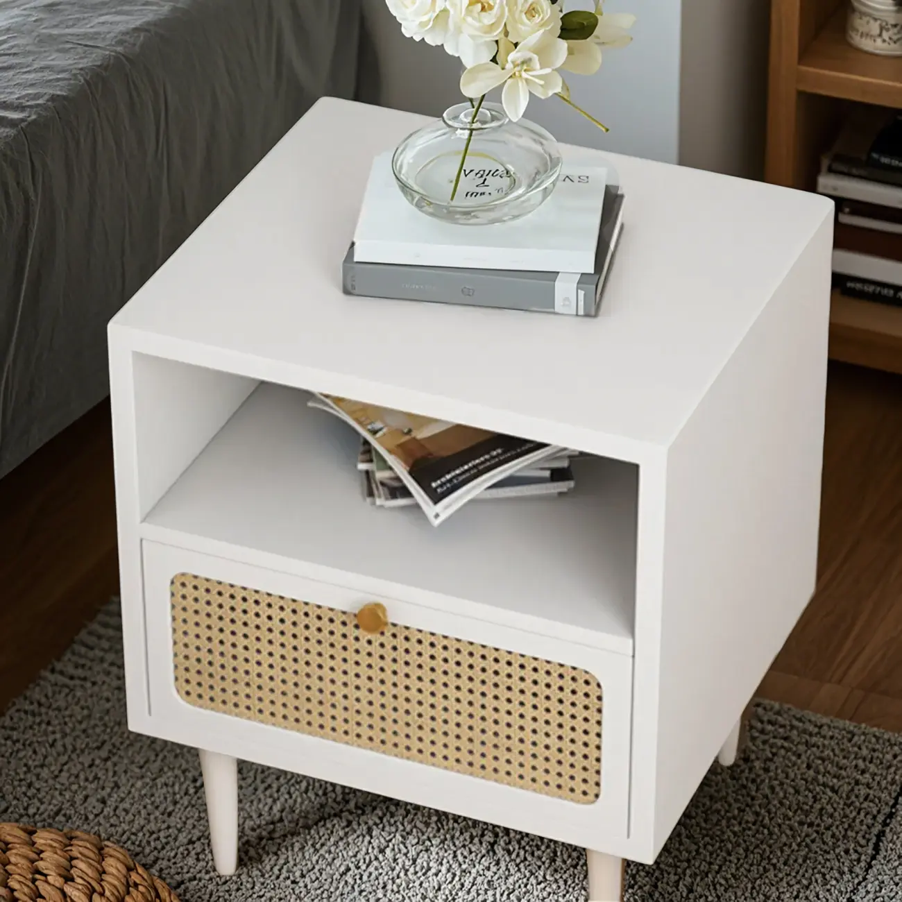 Classic Black Wooden Bedside Table with Wicker Storage Drawers Image - 5 | homeyfad