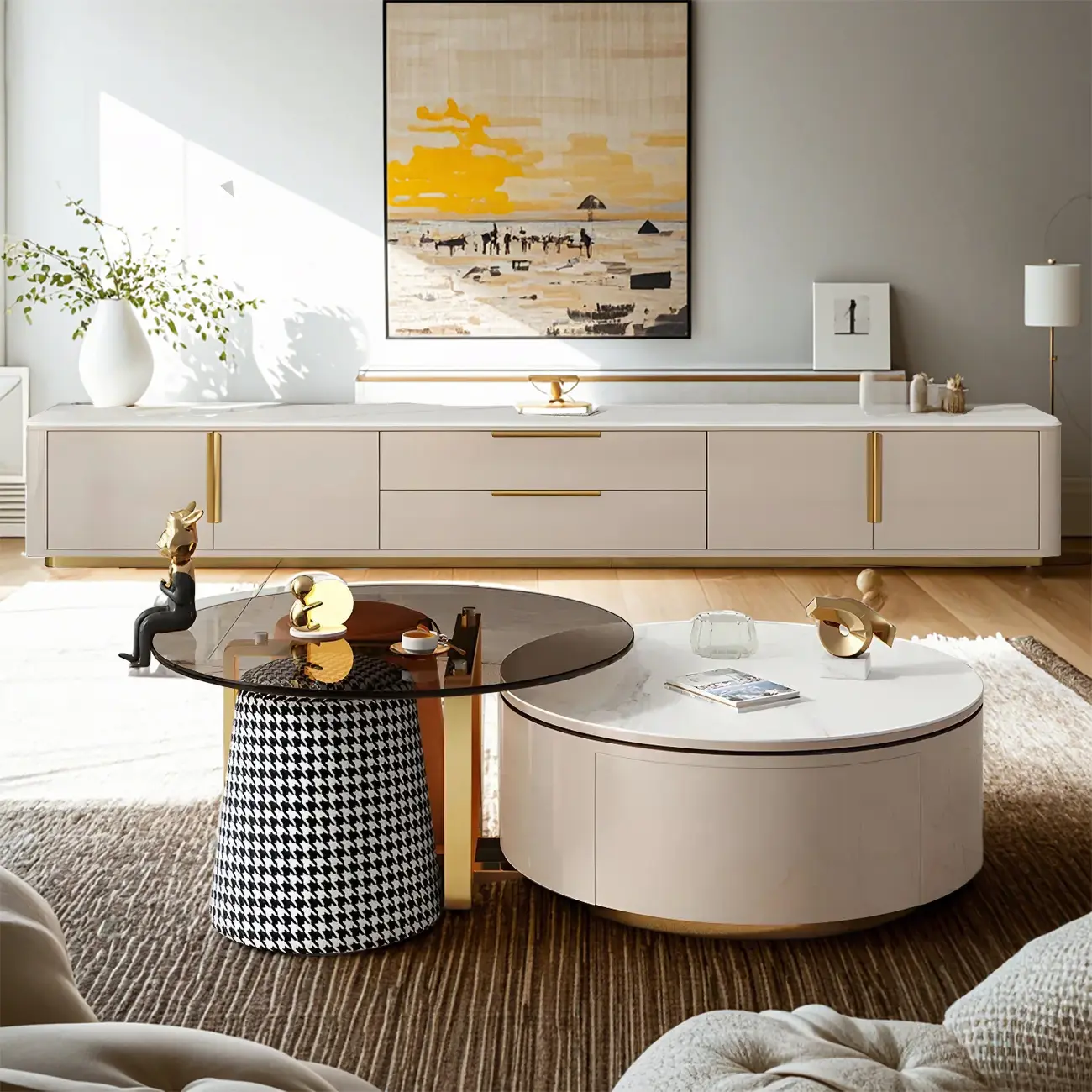 Glam Stone TV Stand with Drawers & Cabinet for Living Room Image - 2 | homeyfad