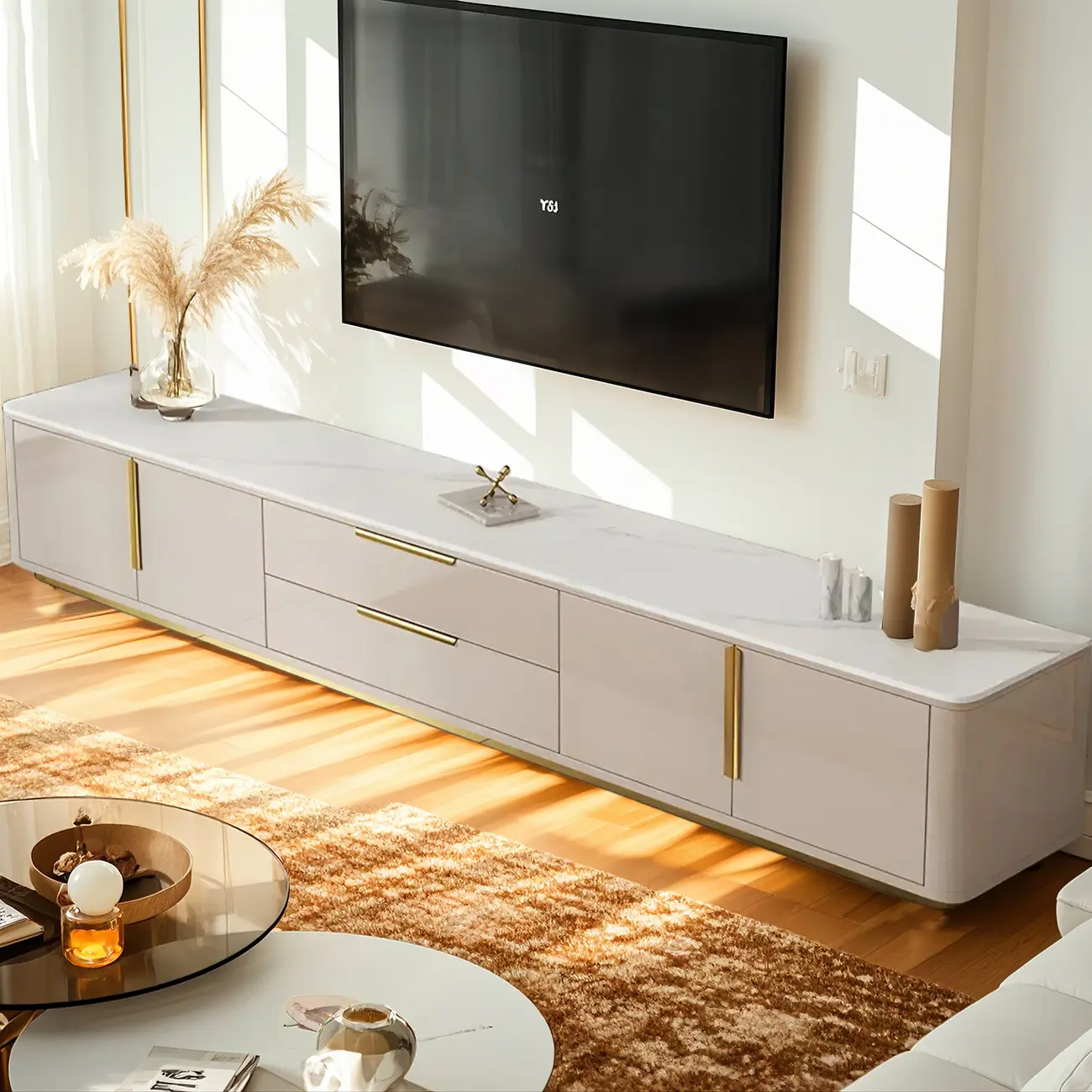 Glam Stone TV Stand with Drawers & Cabinet for Living Room Image - 4 | homeyfad