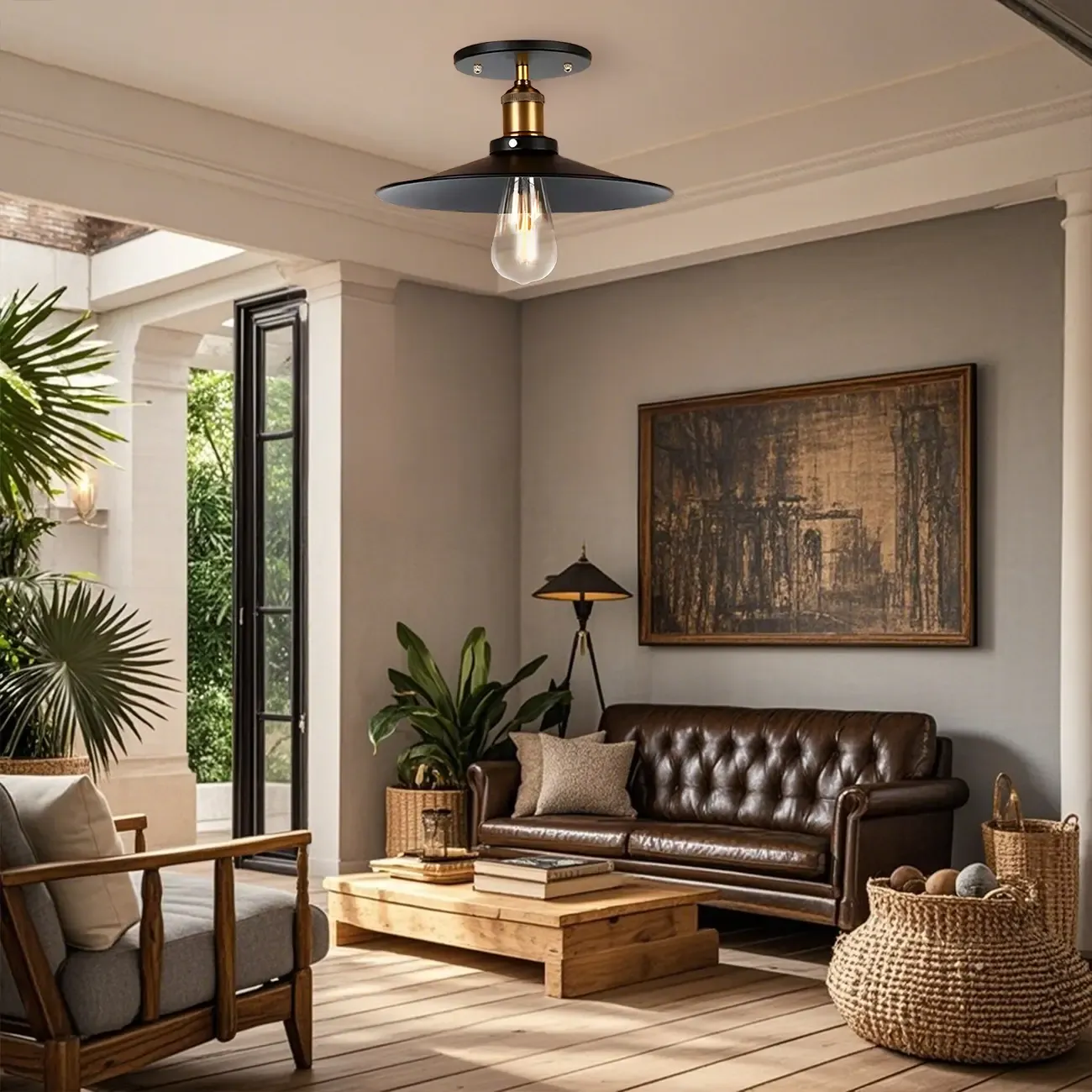 Industrial Black Cone Metal Semi Flush Ceiling Light Image - 2