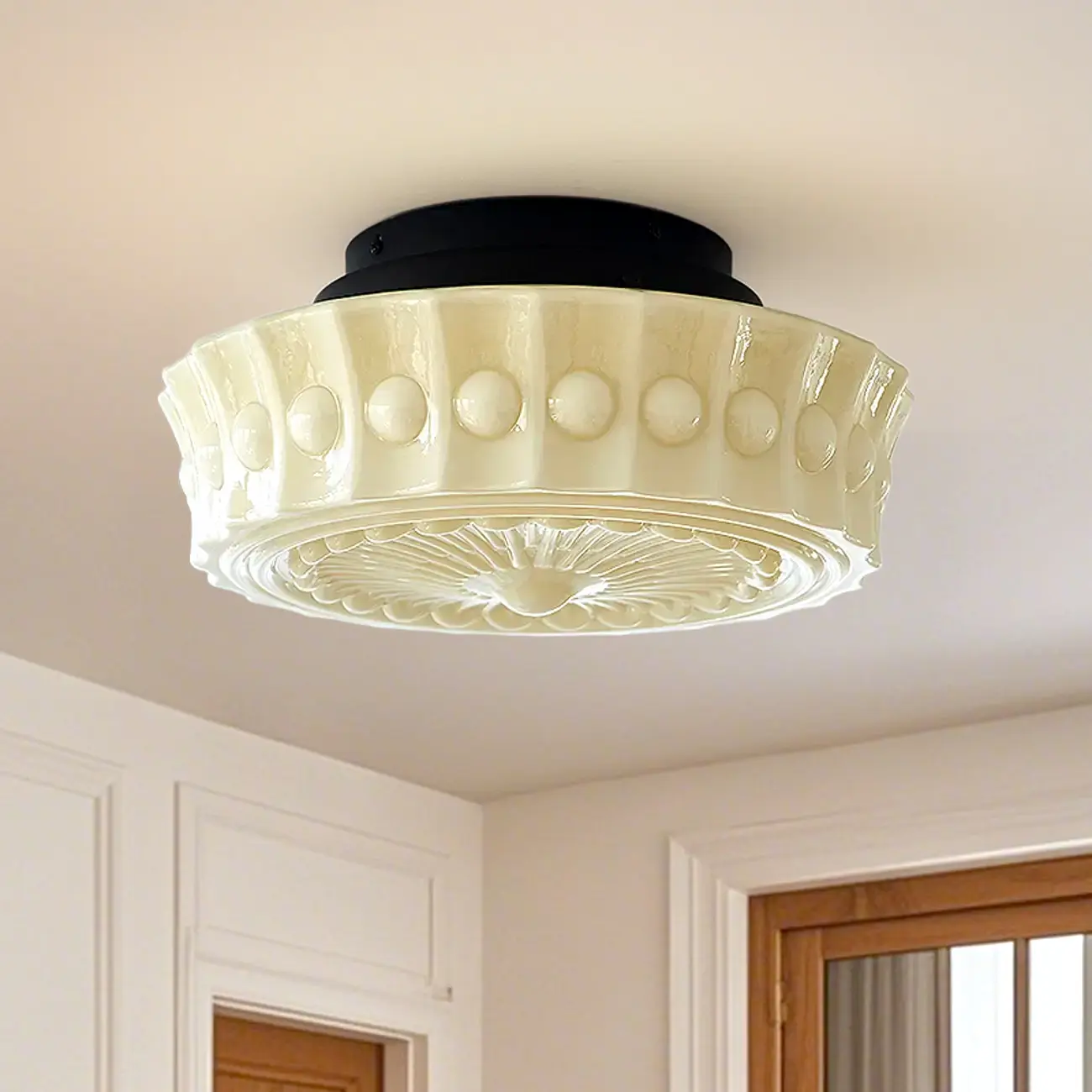 Beige Round Glass Vintage Semi Flush Ceiling Light Image - 1 | homeyfad