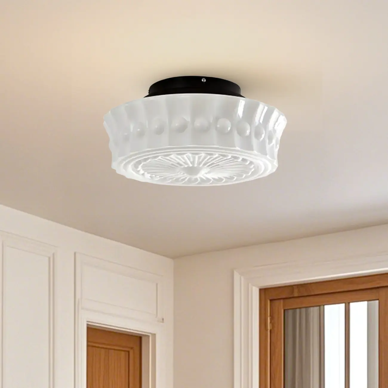 Beige Round Glass Vintage Semi Flush Ceiling Light Image - 12 | homeyfad