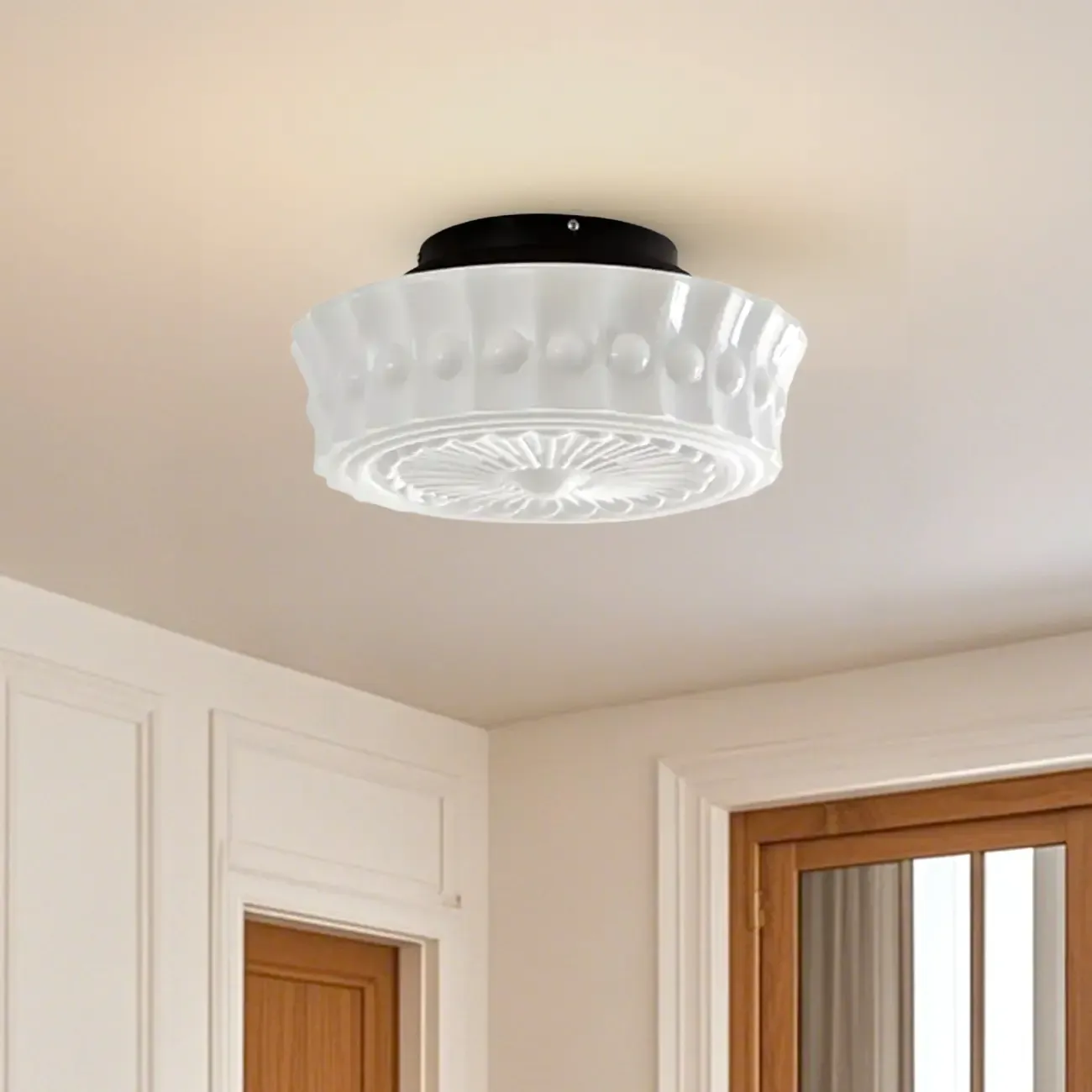 Beige Round Glass Vintage Semi Flush Ceiling Light Image - 12