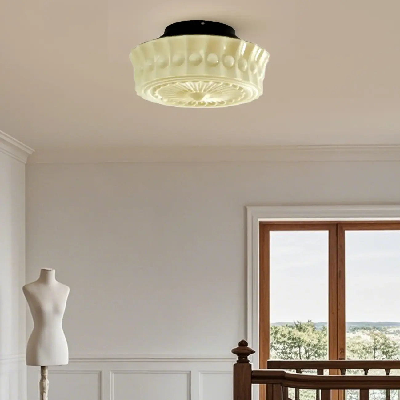 Beige Round Glass Vintage Semi Flush Ceiling Light Image - 13 | homeyfad
