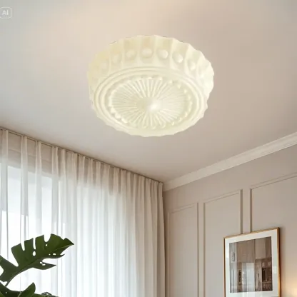 Beige Round Glass Vintage Semi Flush Ceiling Light Image - 4