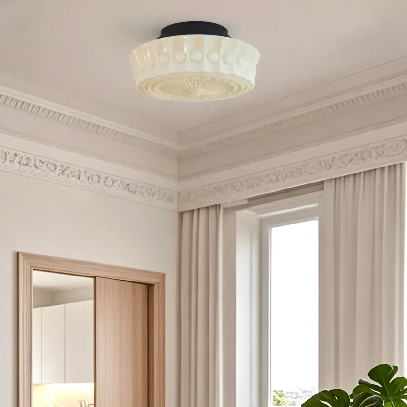 Beige Round Glass Vintage Semi Flush Ceiling Light Image - 6