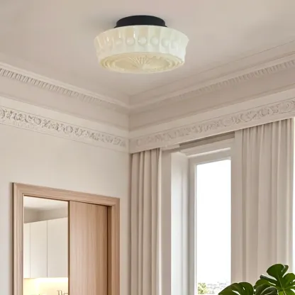 Beige Round Glass Vintage Semi Flush Ceiling Light Image - 6