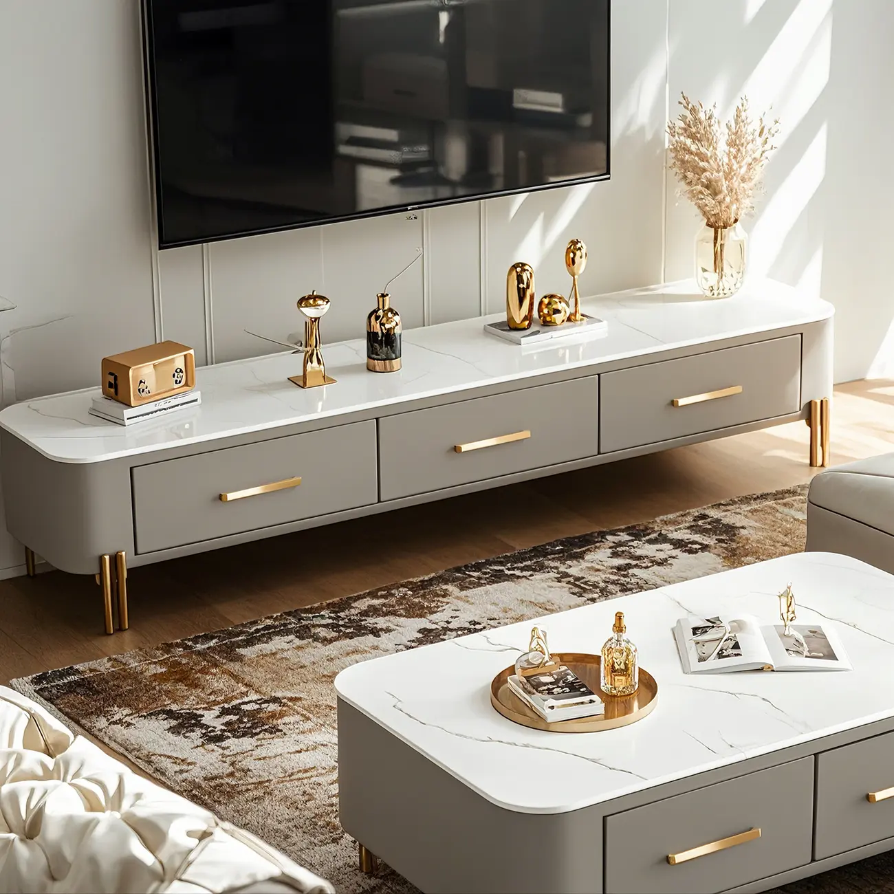 Modern Stone TV Stand with Open Storage and Legs for Home Image - 1 | homeyfad