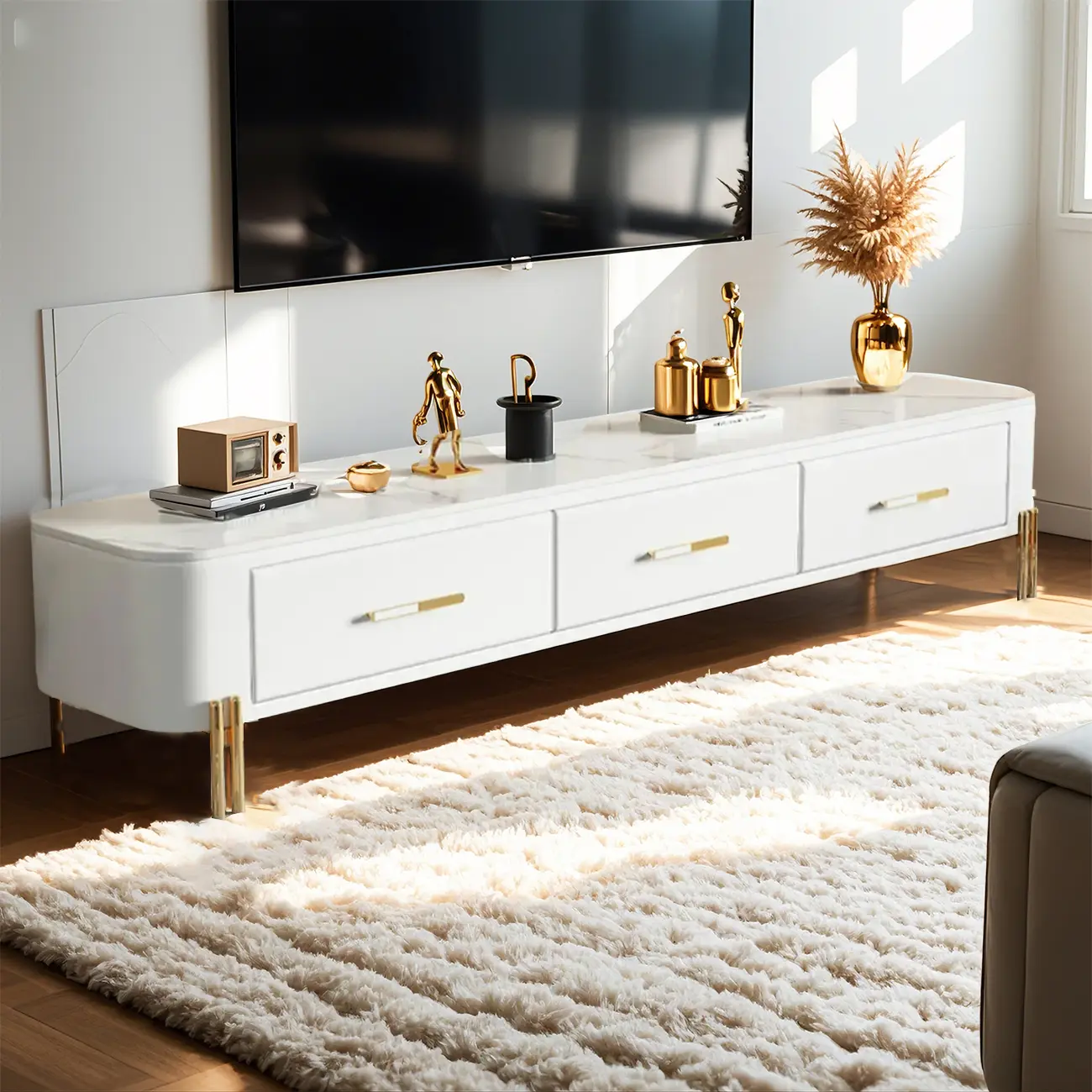 Modern Stone TV Stand with Open Storage and Legs for Home Image - 2 | homeyfad