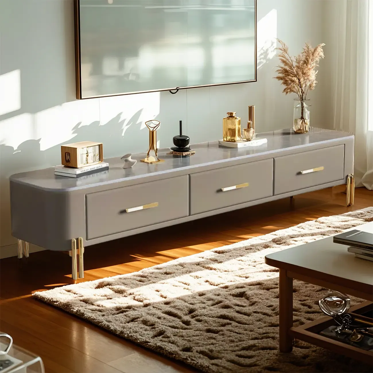Modern Stone TV Stand with Open Storage and Legs for Home Image - 4