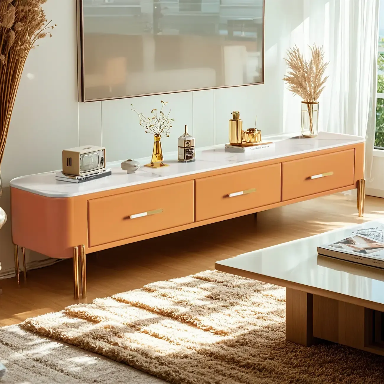 Modern Stone TV Stand with Open Storage and Legs for Home Image - 3