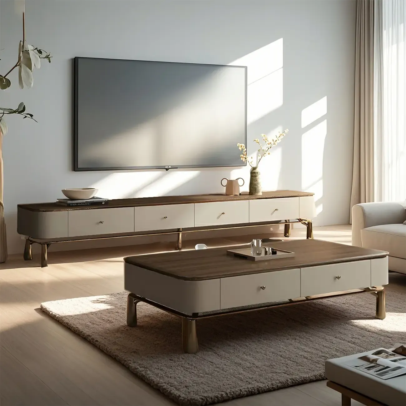 Modern Brown Wooden TV Stand with Drawers for Living Room Image - 2