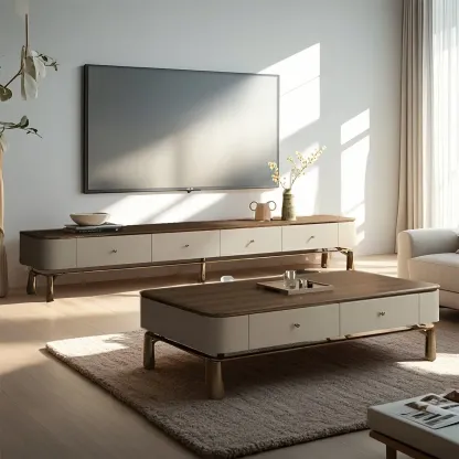 Modern Brown Wooden TV Stand with Drawers for Living Room Image - 2