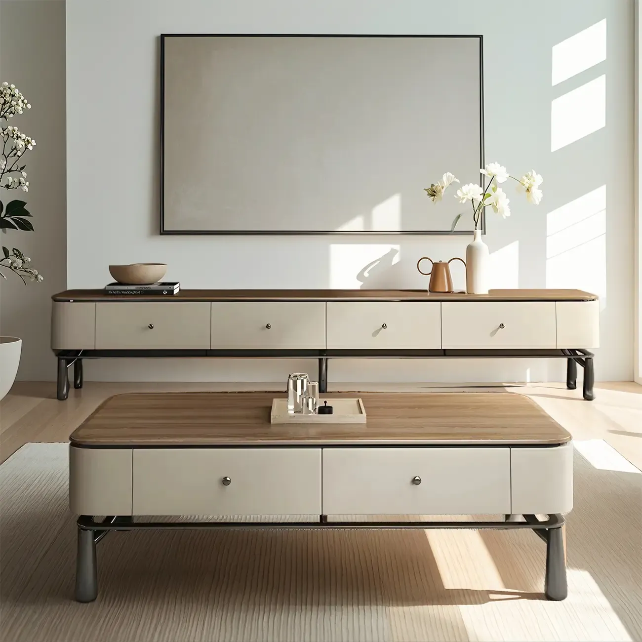 Modern Brown Wooden TV Stand with Drawers for Living Room Image - 1