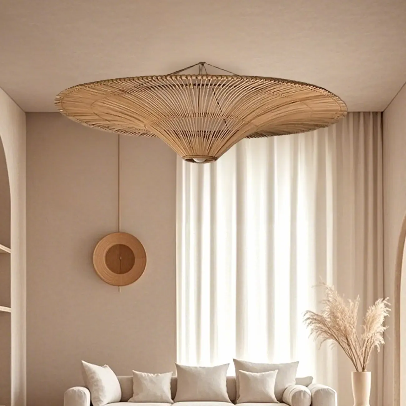 Natural Woven Rattan Bohemian Semi Flush Ceiling Light Image - 1