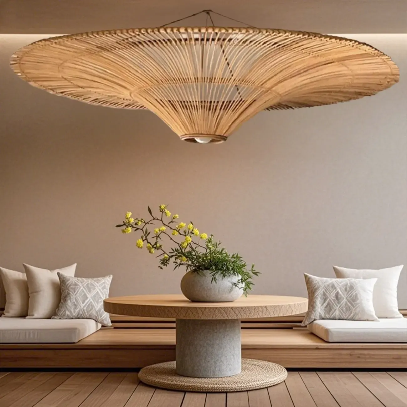 Natural Woven Rattan Bohemian Semi Flush Ceiling Light Image - 2