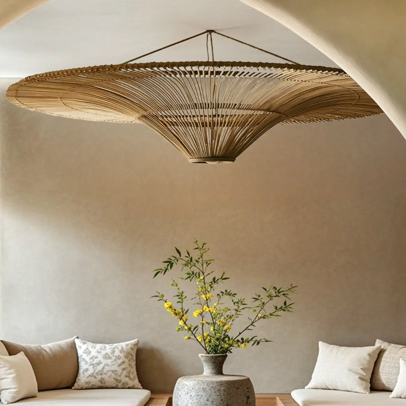 Natural Woven Rattan Bohemian Semi Flush Ceiling Light Image - 3 | homeyfad