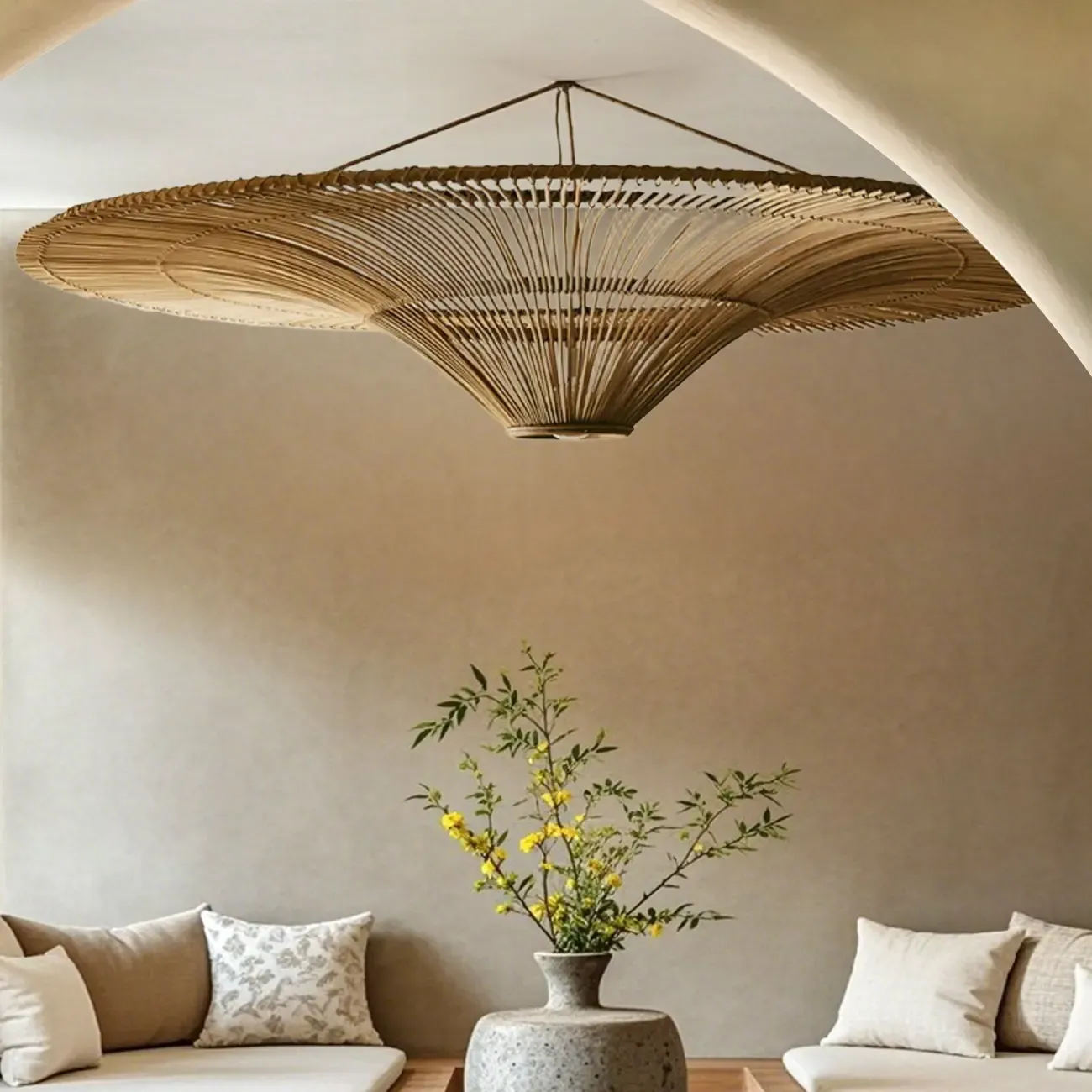 Natural Woven Rattan Bohemian Semi Flush Ceiling Light Image - 3