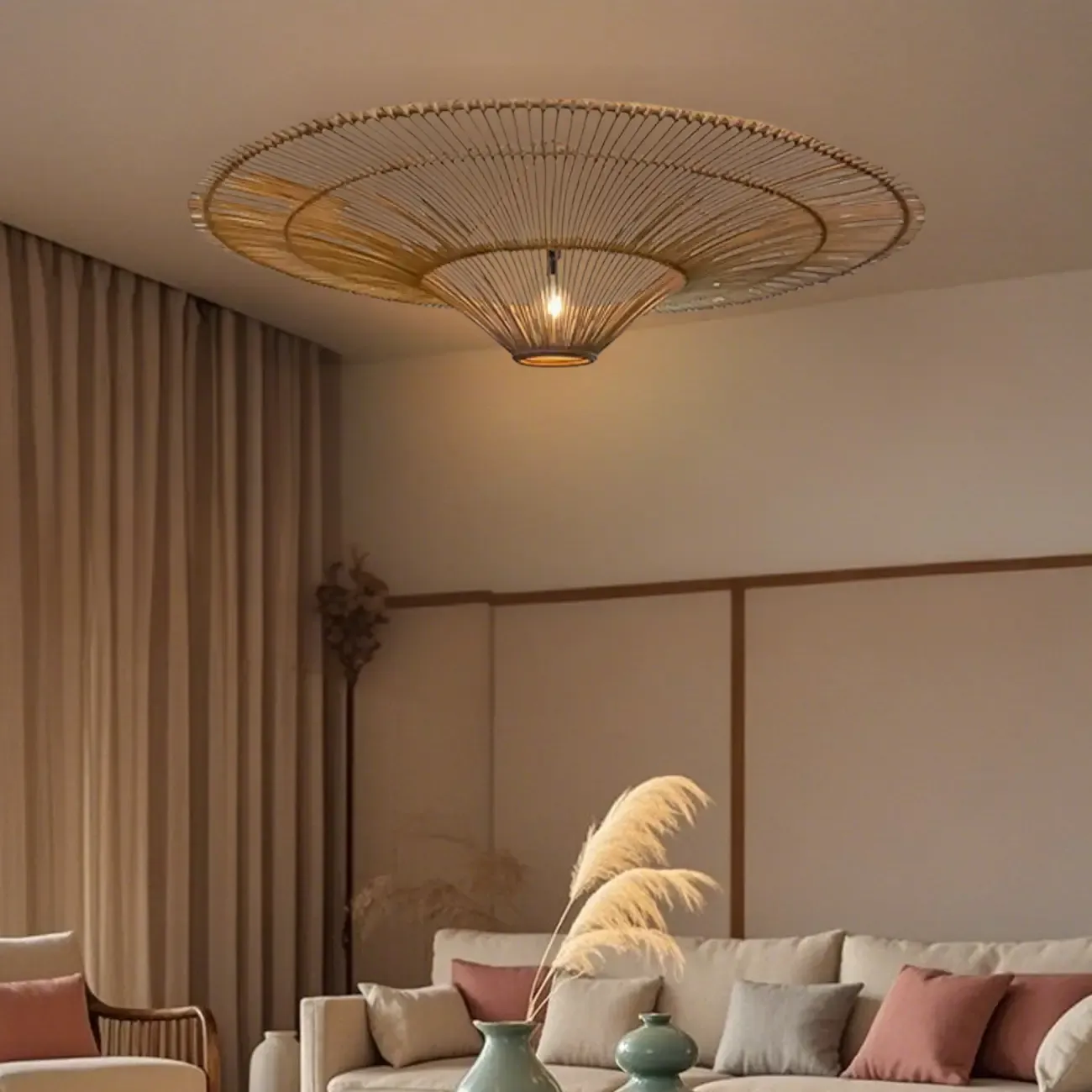 Natural Woven Rattan Bohemian Semi Flush Ceiling Light Image - 15