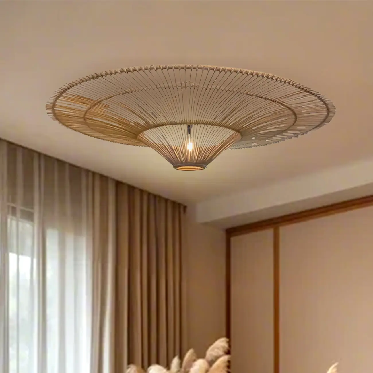 Natural Woven Rattan Bohemian Semi Flush Ceiling Light Image - 16 | homeyfad