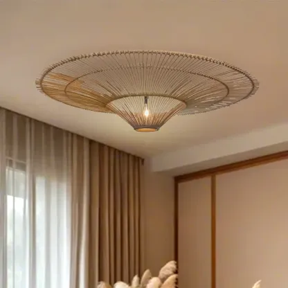 Natural Woven Rattan Bohemian Semi Flush Ceiling Light Image - 16