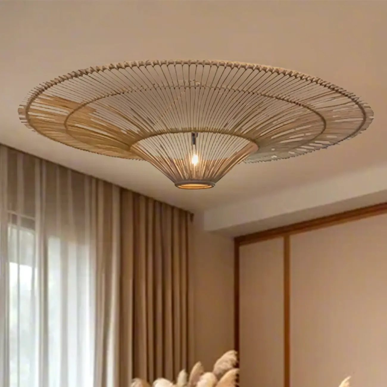 Natural Woven Rattan Bohemian Semi Flush Ceiling Light Image - 17